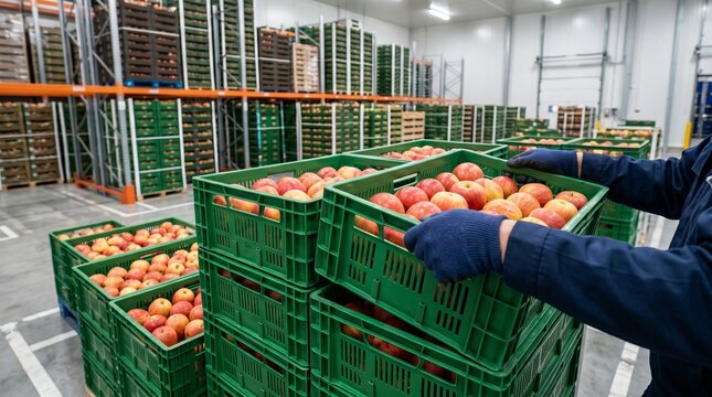 Worker holding crate of red apples in fruit warehouse. Logistics and distribution of organic food for retail supply chain. Cold storage facility for agriculture and farm harvest