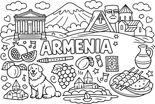 armenia landmarks cartoon outline hand drawn Line Art illustration doodle art coloring page for kids