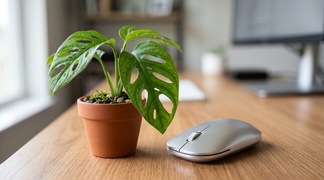Macro shot of green potted monstera plant next to a generic computer mouse