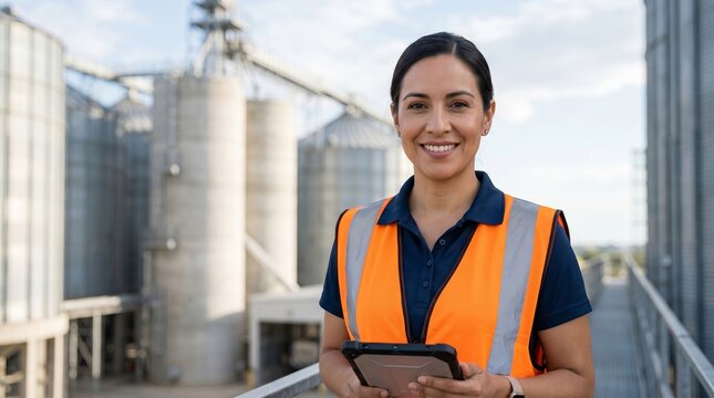 Woman professional manager working at grain elevator facility. Smiling female supervisor using digital tablet for inspection at agro industry harvest storage and agricultural warehouse
