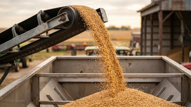 Wheat falling from conveyor belt into metal container at farm. Grain harvesting and logistics process. Agricultural industry, crop storage and supply chain management at harvest time