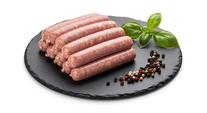 Raw sausage links on slate with basil and peppercorn