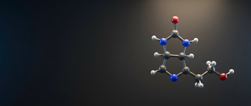 Three dimensional molecular structure model with blue nitrogen red oxygen and grey carbon atom