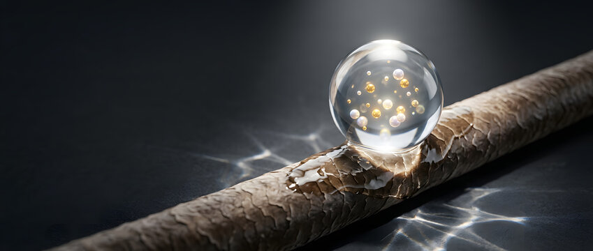 Transparent glass sphere sitting on dry cracked hair strand with golden oil capsule inside