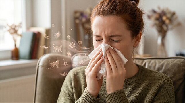 Woman sneezing into tissue due to pet dander allergy. Young lady suffering from fur reaction while sitting at home. Healthcare concept for World Allergy Day awareness and prevention.