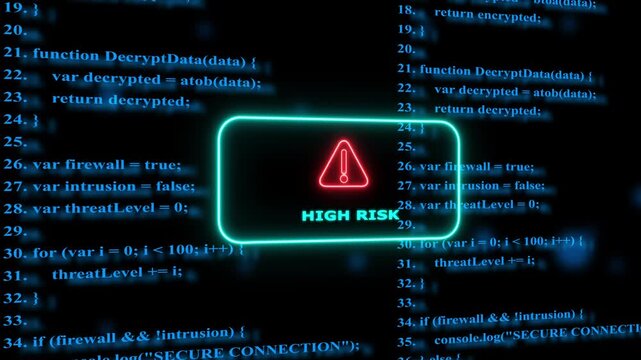 Cyber security alert: risk warning with glowing neon interface and scrolling programming code background