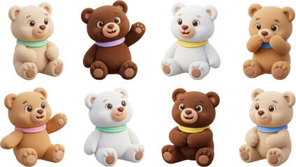 Obraz premium Eight adorable cartoon teddy bears of various colors wearing neckerchiefs sit together with cheerful expressions cute animal toy plush sweet fluffy brown bear white bear beige bear