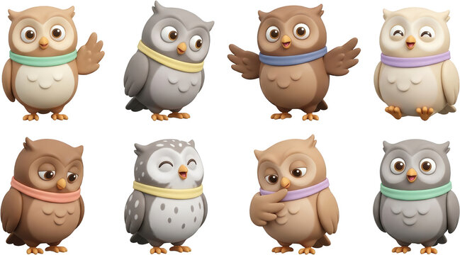 A collection of eight charming 3D cartoon owls each with unique expressions and colored scarves arranged in a 2x4 grid character cute cute owl cute owls animal bird wildlife