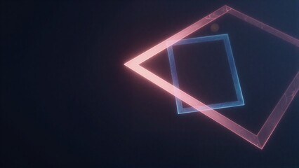 Fototapeta premium Neon blue and pink geometric shapes float against a dark, futuristic backdrop.
