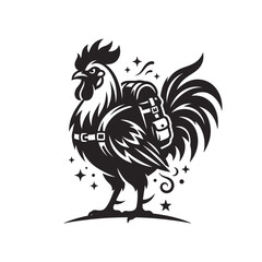Rooster mascot wearing a backpack walking forward illustration. © Zaya
