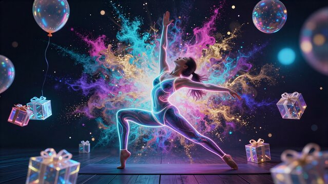 A dancer radiates vibrant energy, surrounded by gifts and floating balloons.