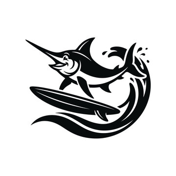 Stylized swordfish mascot surfing on a large ocean wave.