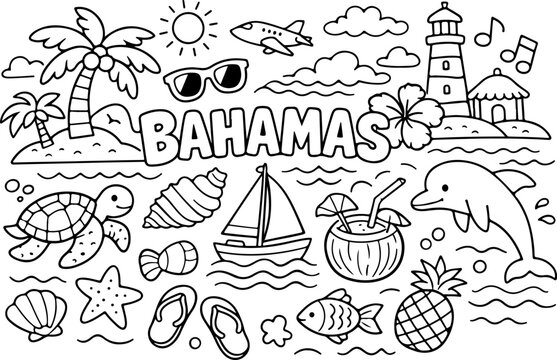 bahamas landmarks cartoon outline hand drawn Line Art illustration doodle art coloring page for kids