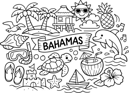 bahamas landmarks cartoon outline hand drawn Line Art illustration doodle art coloring page for kids