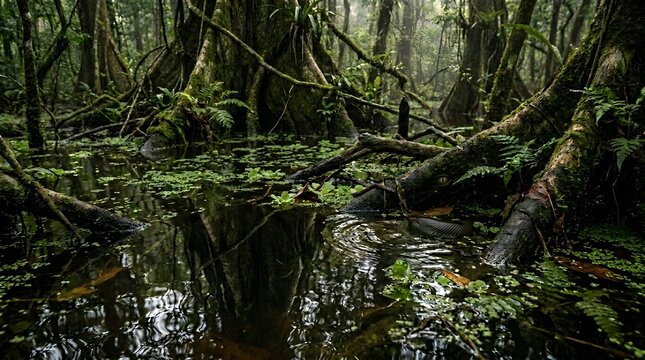 Hidden predator snake in a deep tropical swamp forest with ancient mossy roots and murky water