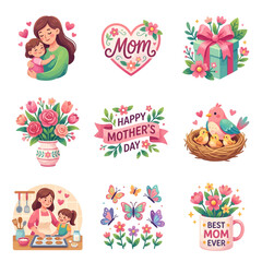 Fototapeta premium A collection of heartwarming illustrations celebrating Mother's Day, featuring mothers with children, floral arrangements, gifts, and loving messages.