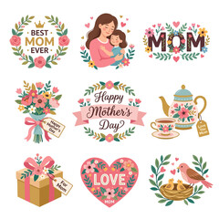 Fototapeta premium A collection of nine charming illustrations celebrating Mother's Day, featuring mothers, children, flowers, gifts, and loving messages in a vibrant, decorative style.