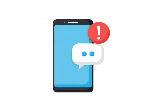 Smartphone with chat bubble and exclamation mark notification isolated on transparent background