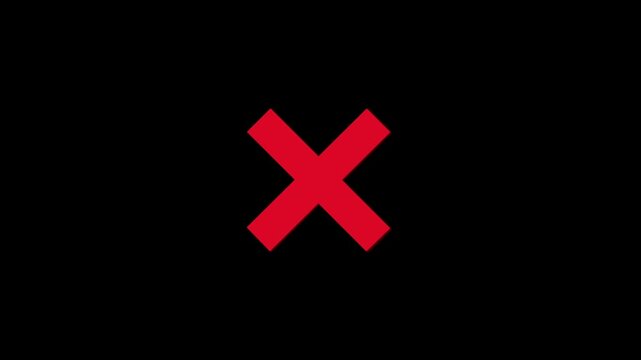 animation of a red cross appearing on a black background, with blinking wrong, no, match for wrong answer, 4k video