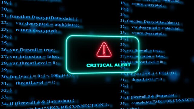 Cyber security critical alert warning with glowing digital code background, programming software development