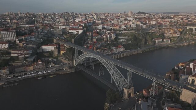 Porto Aerial Cityscape with Dom Luis I Bridge Over Douro River
