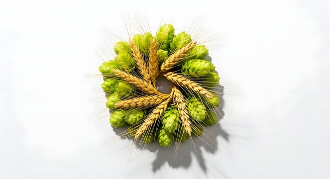 Wheat and hop cone wreath on white background