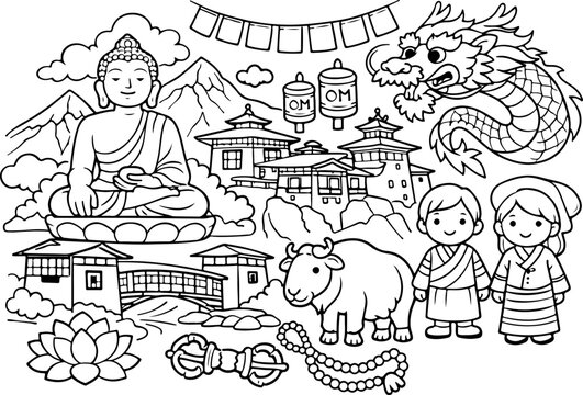 bhutan landmarks cartoon outline hand drawn Line Art illustration doodle art coloring page for kids