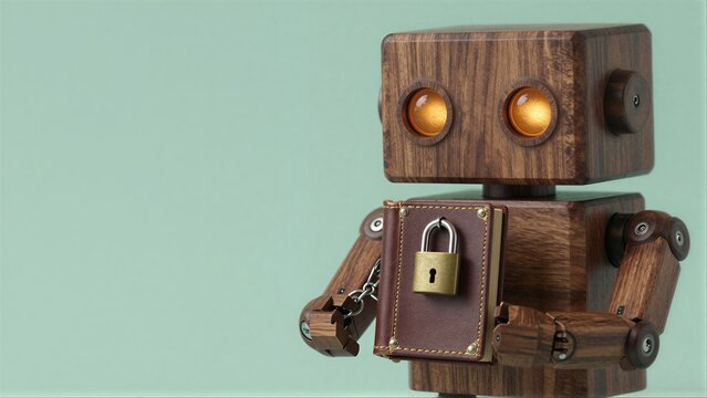 Wooden robot holds locked book, glowing eyes suggest wisdom or secrets.