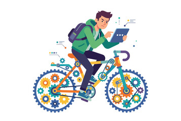 Obraz premium Young man on a complex mechanical bicycle with gears, vector illustration