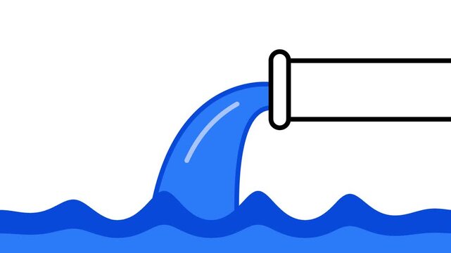 Animated industrial pipe pouring blue water into waves. Concept for clean water supply, plumbing, or environmental issues. White background.