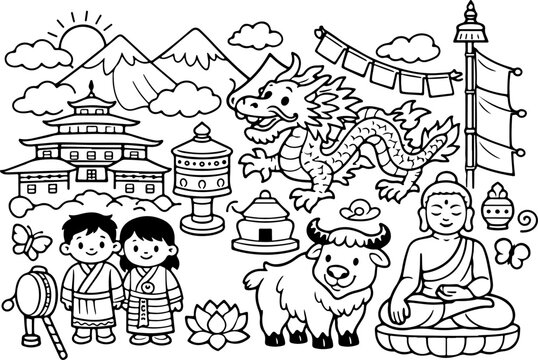 bhutan landmarks cartoon outline hand drawn Line Art illustration doodle art coloring page for kids