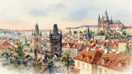 Obraz premium Charming watercolor view of Prague's iconic Charles Bridge and historic skyline.