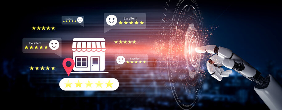 This image showcases a robotic hand interacting with digital ratings and reviews for a business, representing advancements in technology and customer engagement online. Gantry