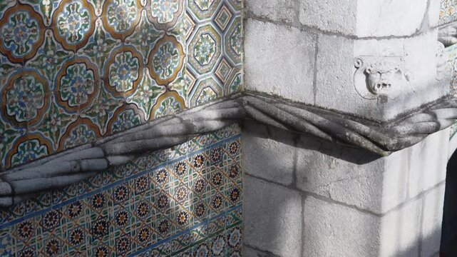 Portugal Azulejo Tile Pattern and Stone Column Detail - Portuguese Traditional Decorative Art
