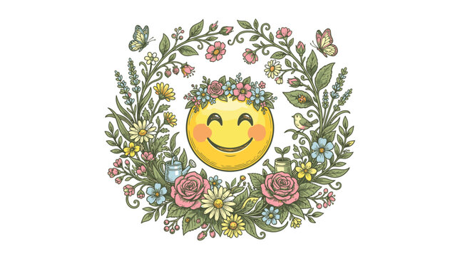 Smiling face with floral happy crown.