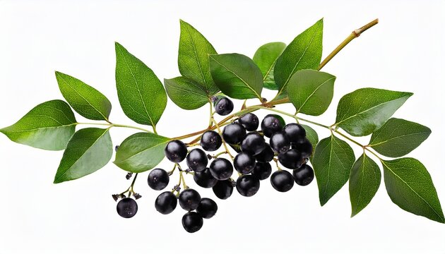 Twig Of Ligustrum With Leaves And Black Berries Isolated On White Or Transparent Background