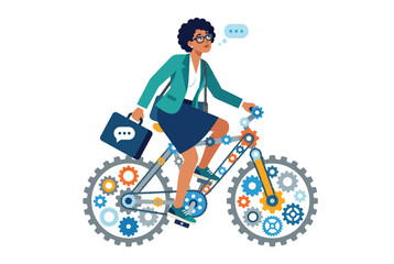 Fototapeta premium Woman in business attire cycles on a gear-driven bicycle, concept of efficient workflow and progress.
