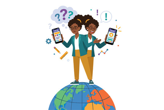 Vector illustration of two-faced woman with phones on globe, concept of choice and confusion