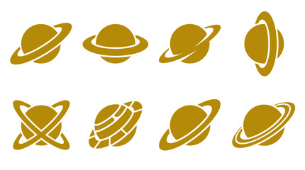 Golden planet icons with rings at multiple angles. © Yuyu