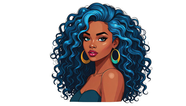 Woman with blue curly hair portrait.