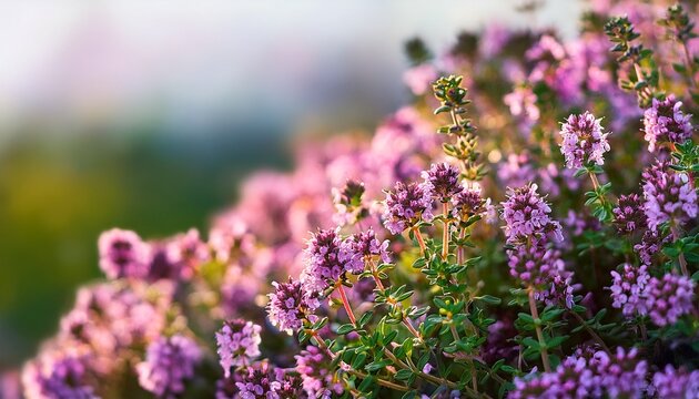 Close Up Of Creeping Thyme Thymus Serpyllum Flowers In Bloom