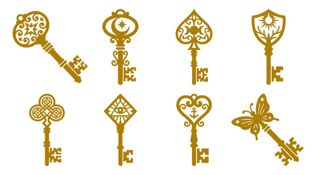Ornate golden fantasy skeleton keys collection.