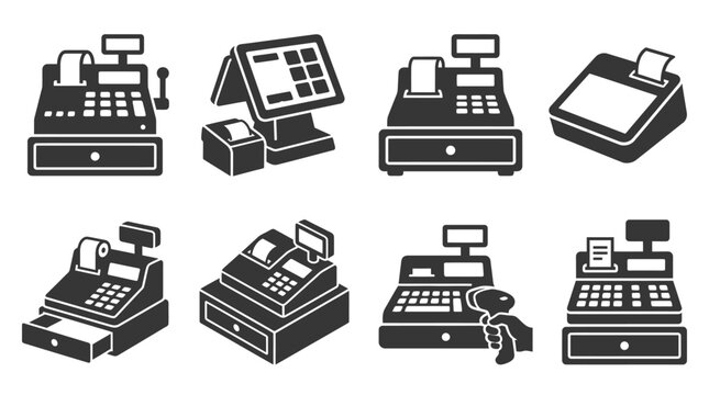 Set of gray cash register and POS terminal icons.