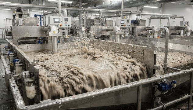 Medium shot capturing flotation cells in action during recycled fiber deinking emphasizing the advanced technology used to purify wastepaper pulp for reuse.