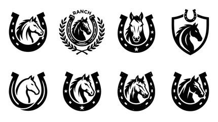 Horse head silhouettes and horseshoe emblem collection. © Zapheline