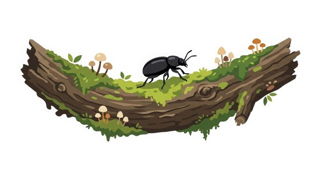 A small black beetle walking across an old tree branch with soft moss and tiny mushrooms. Flat vector style, isolated on white background.