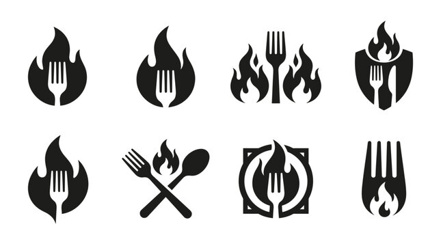 Restaurant logos featuring forks and fire flame icons.