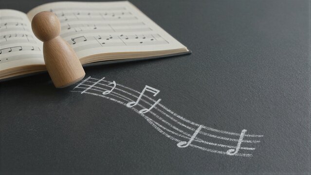 Wooden figure beside music notes and sheet, symbolizing musical creativity.