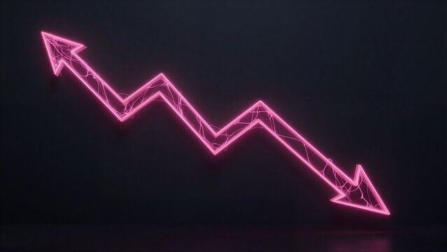 Neon pink arrow graph shows fluctuating trends against a dark background.