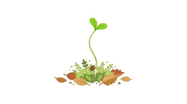 A germinating acorn with fresh leaves emerging, botanical vector illustration, isolated on white background.